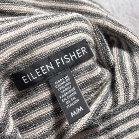 Eileen Fisher Sweater Dress Womens Medium Gray Striped Merino Wool Turtleneck - Picture 6 of 9